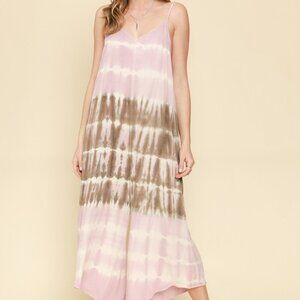 MYSTREE Pink Brown Tie Dye Wide Leg Jumpsuit, Sleeveless Spaghetti Strap Relaxed